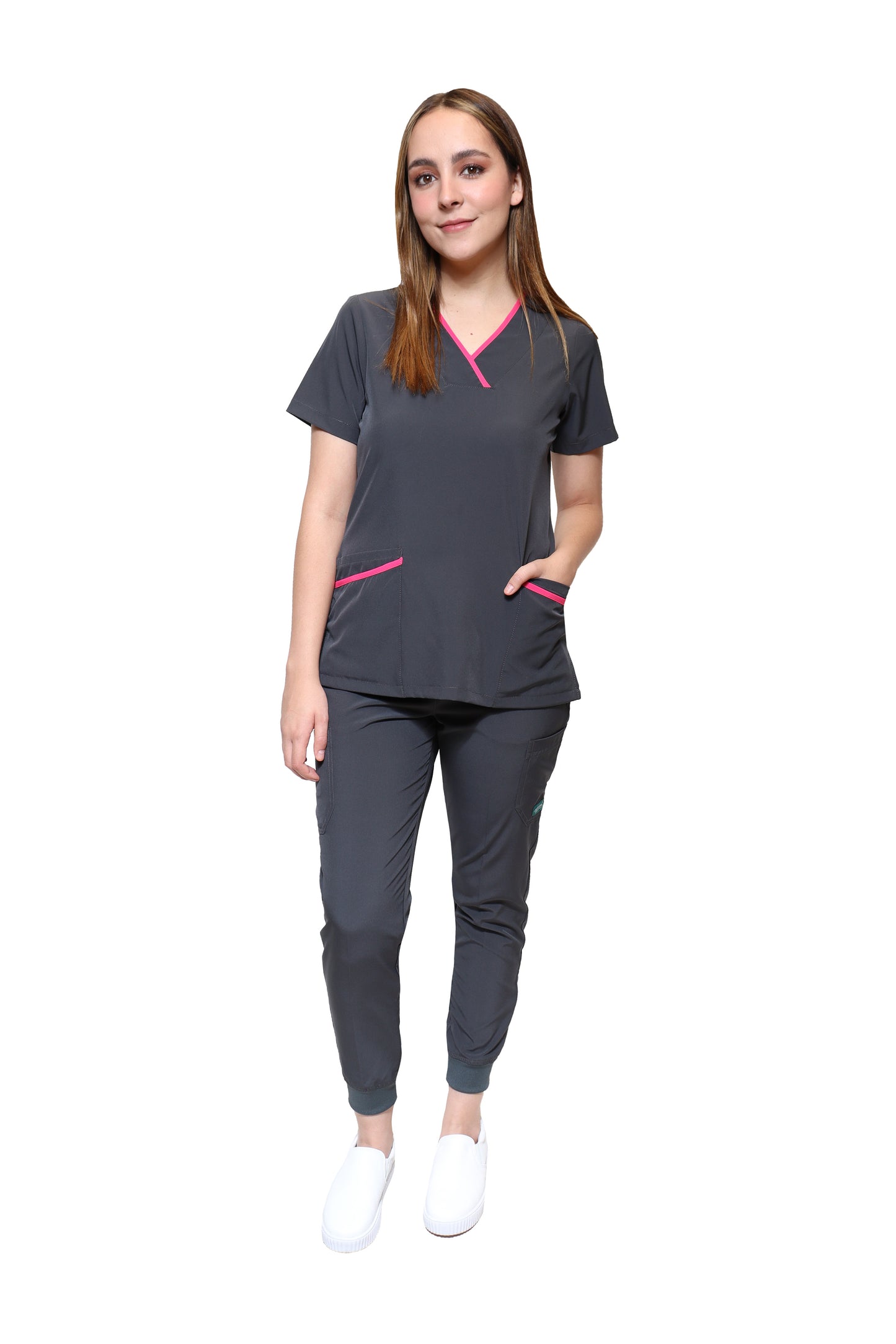 Conjunto SET Filipina y Pantalón JOGGER EV-18 CANDY REPELENTE A FLUIDOS-Color  Pewter/Fandango Dama-Ana Isabel Uniformes