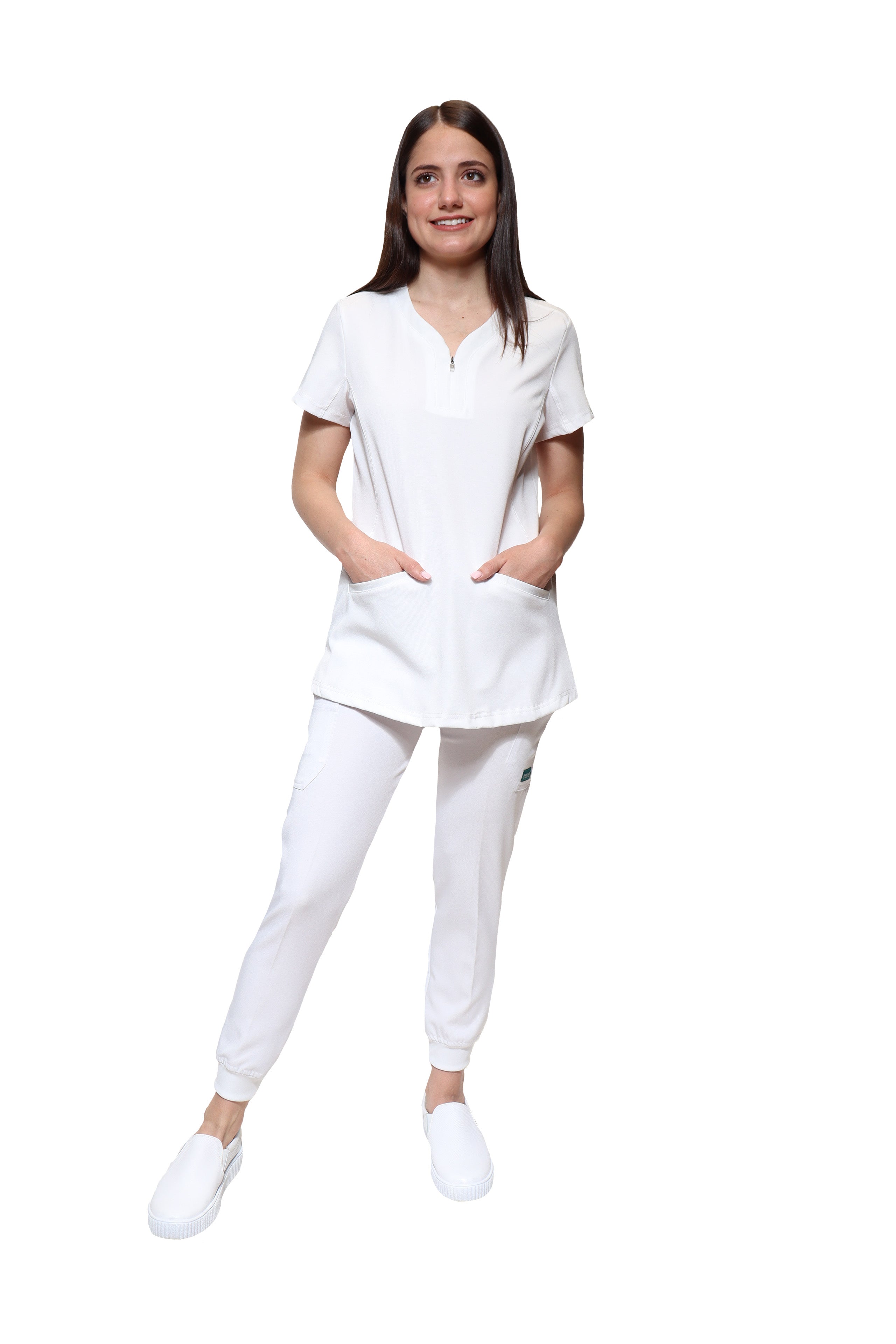 Conjunto SET Filipina y Pantalón JOGGER EV-30 Paola REPELENTE A FLUIDOS-Color BLANCO Dama-Ana Isabel Uniformes