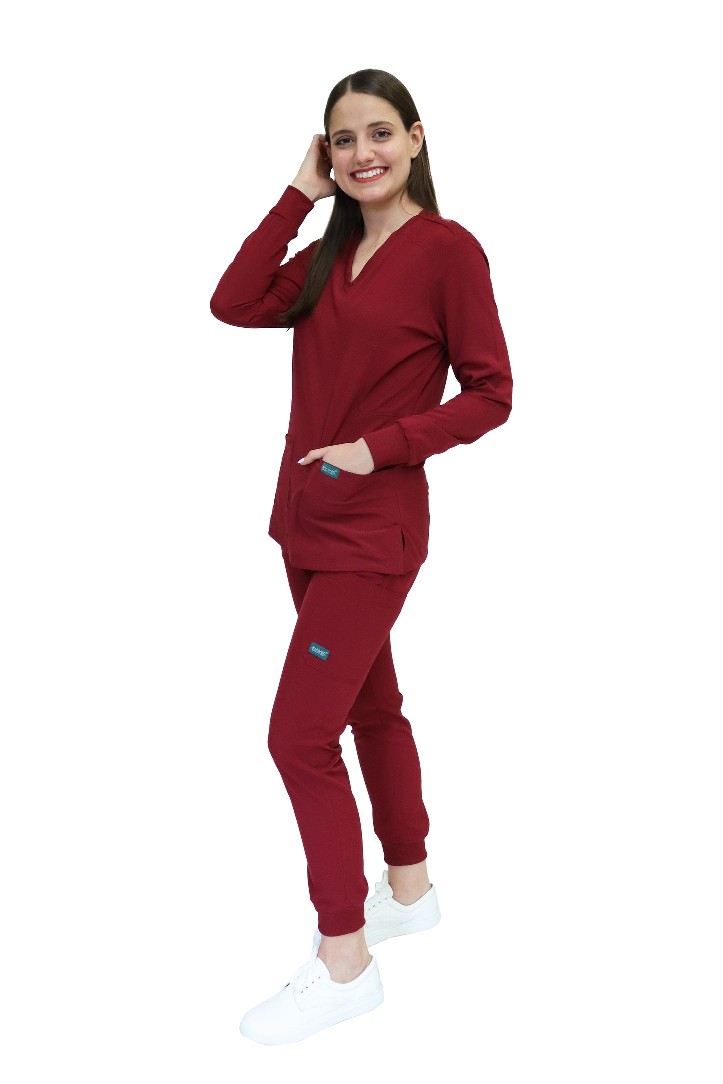 Conjunto SET Filipina MANGA LARGA y Pantalón JOGGER EV-16 Tatita REPELENTE A FLUIDOS-Color VINO Dama-Ana Isabel Uniformes
