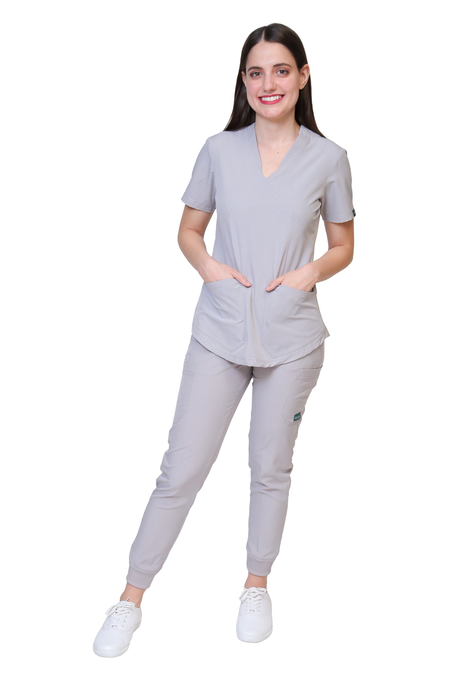 Conjunto SET Filipina y Pantalón JOGGER EV-02 Muñin REPELENTE A FLUIDOS-Color GRIS Dama-Ana Isabel Uniformes