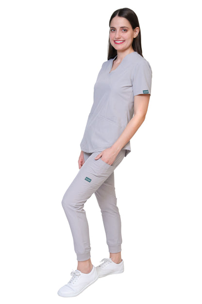 Conjunto SET Filipina y Pantalón JOGGER EV-02 Muñin REPELENTE A FLUIDOS-Color GRIS Dama-Ana Isabel Uniformes