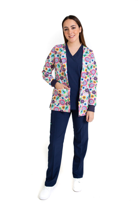 WARM UP Chamarra Médica - Salida de Hospital - para Dama - Color FLOR/MARINO- KA-38 KAREN MEDICAL FASHION