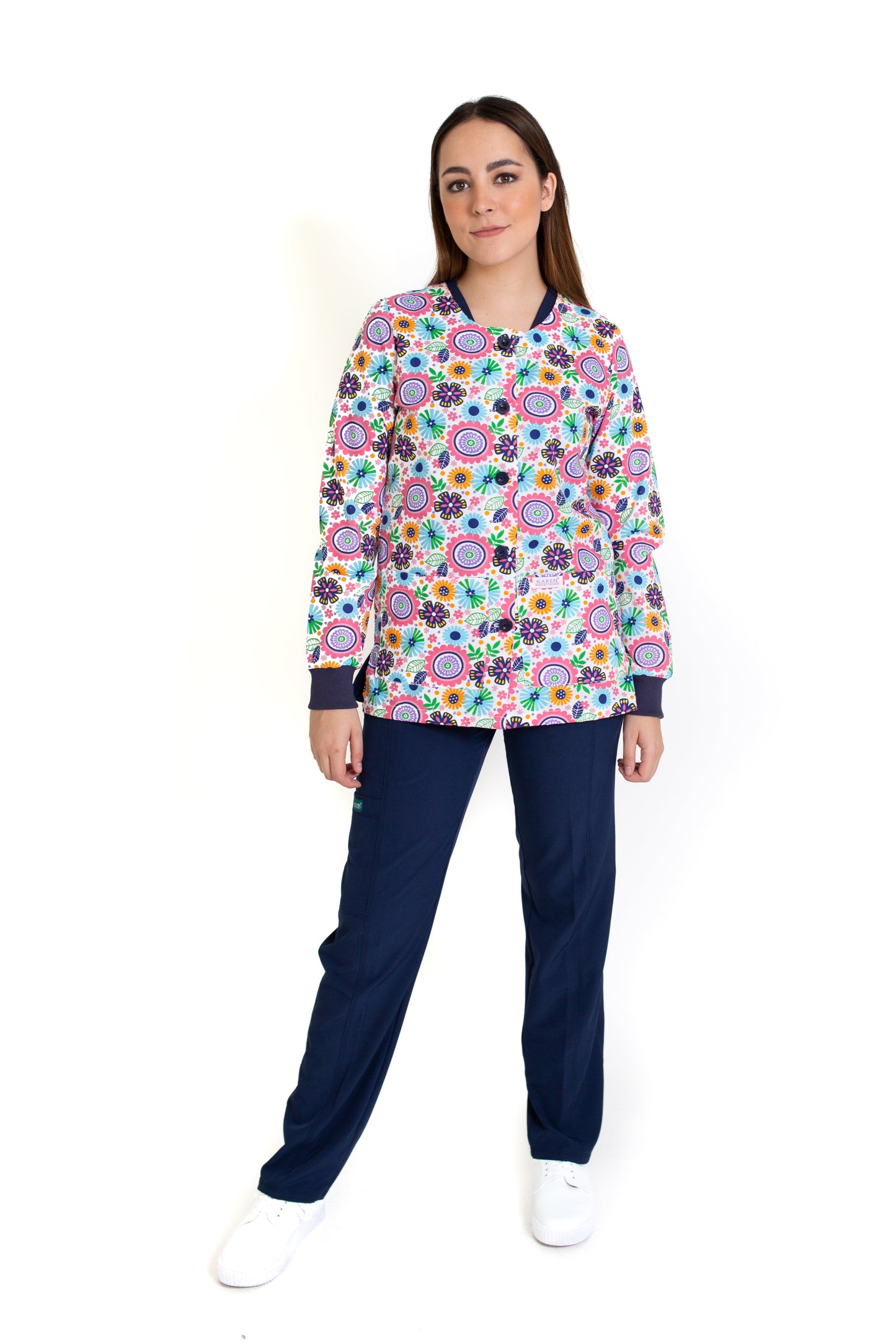 WARM UP Chamarra Médica - Salida de Hospital - para Dama - Color FLOR/MARINO- KA-38 KAREN MEDICAL FASHION