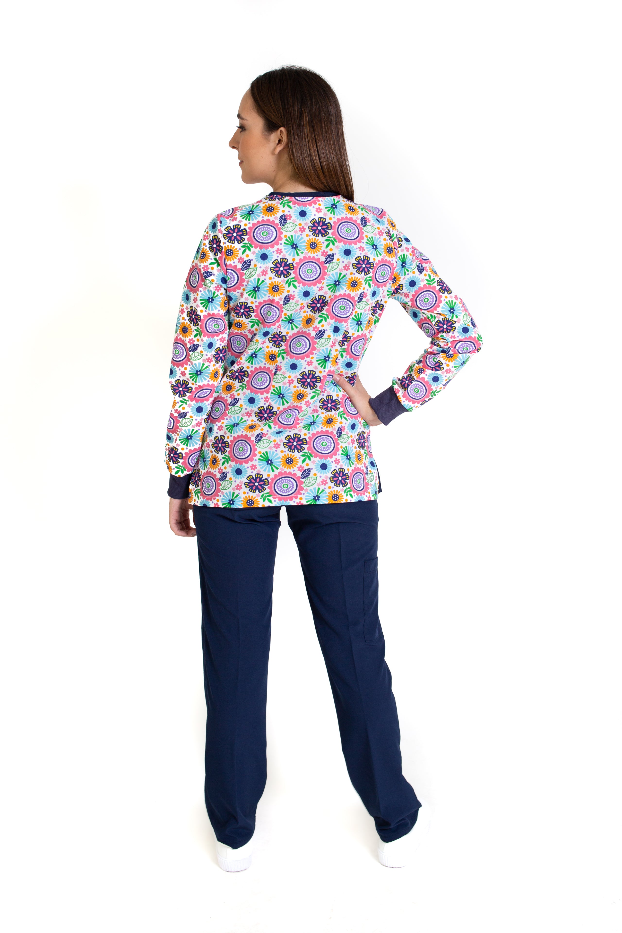 WARM UP Chamarra Médica - Salida de Hospital - para Dama - Color FLOR/MARINO- KA-38 KAREN MEDICAL FASHION