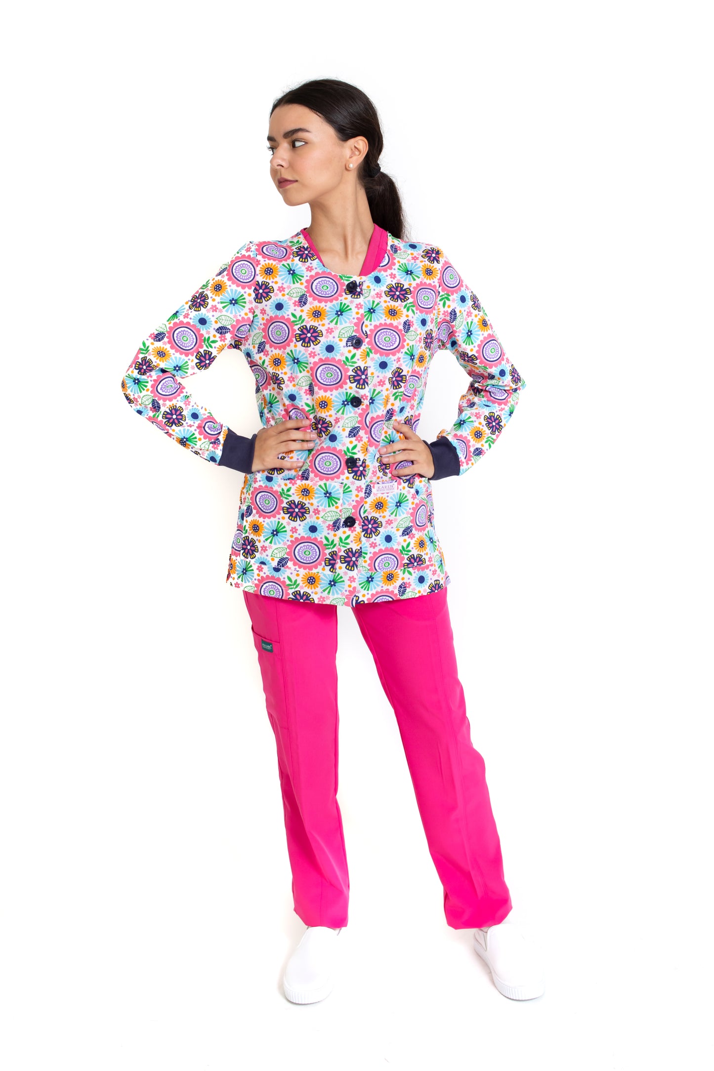 WARM UP Chamarra Médica - Salida de Hospital - para Dama - Color FLOR/MARINO- KA-38 KAREN MEDICAL FASHION