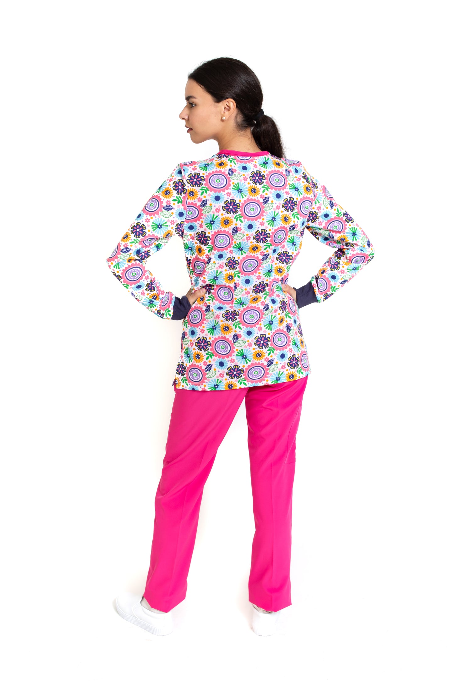 WARM UP Chamarra Médica - Salida de Hospital - para Dama - Color FLOR/MARINO- KA-38 KAREN MEDICAL FASHION