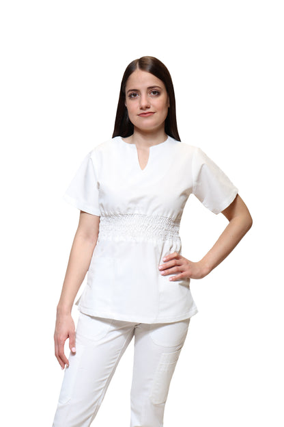 Conjunto SET Filipina y Pantalón KA-55 Acordeón -Color BLANCO Dama-KAREN MEDICAL FASHION