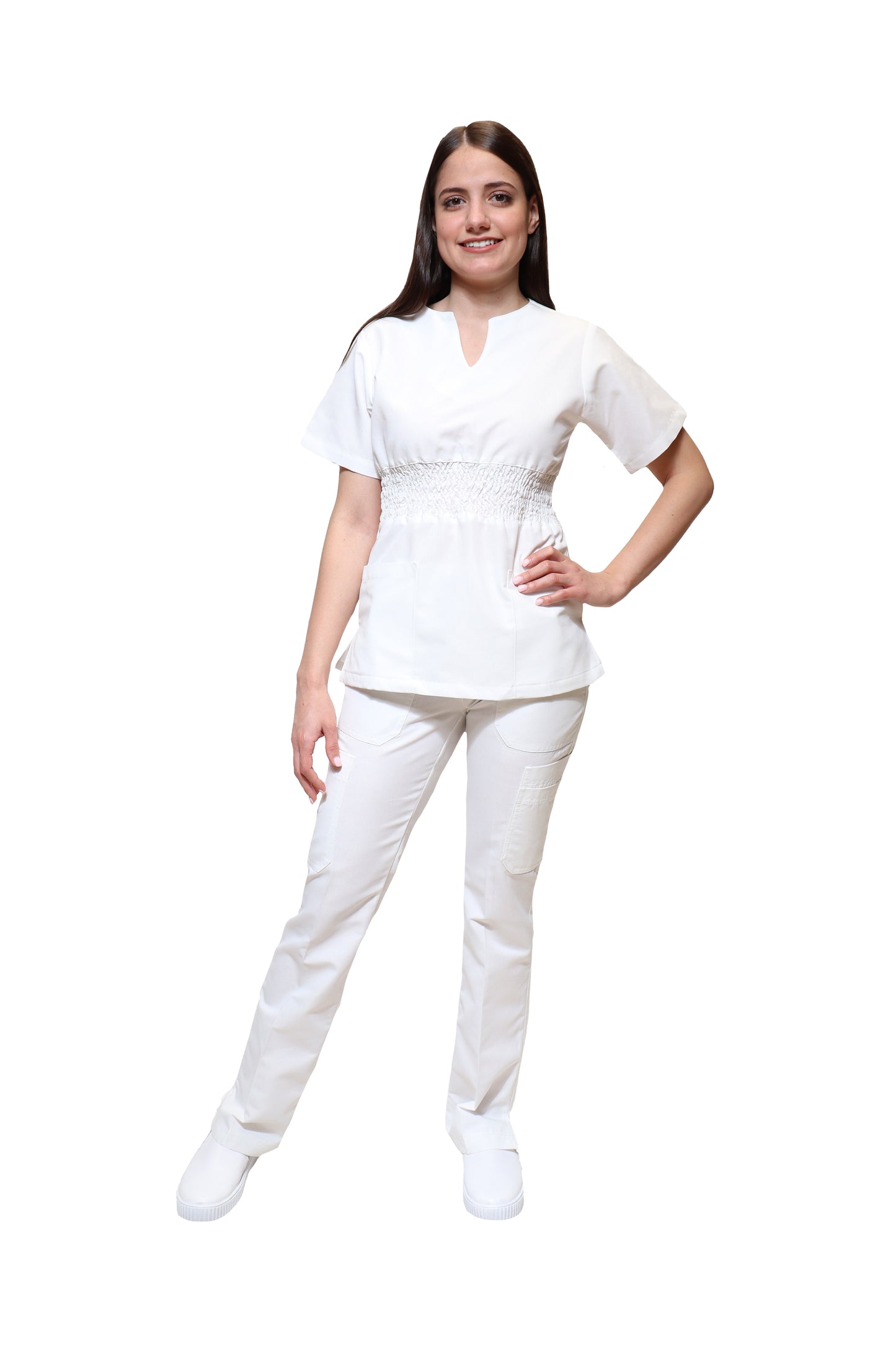 Conjunto SET Filipina y Pantalón KA-55 Acordeón -Color BLANCO Dama-KAREN MEDICAL FASHION