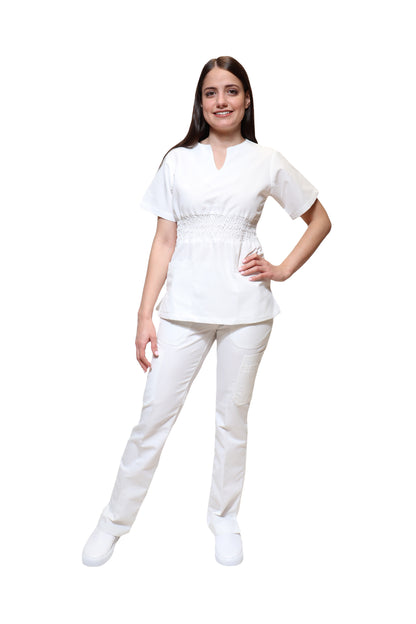 Conjunto SET Filipina y Pantalón KA-55 Acordeón -Color BLANCO Dama-KAREN MEDICAL FASHION