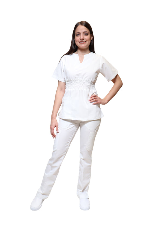 Conjunto SET Filipina y Pantalón KA-55 Acordeón -Color BLANCO Dama-KAREN MEDICAL FASHION