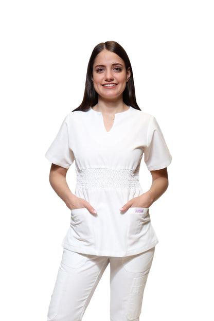 Conjunto SET Filipina y Pantalón KA-55 Acordeón -Color BLANCO Dama-KAREN MEDICAL FASHION