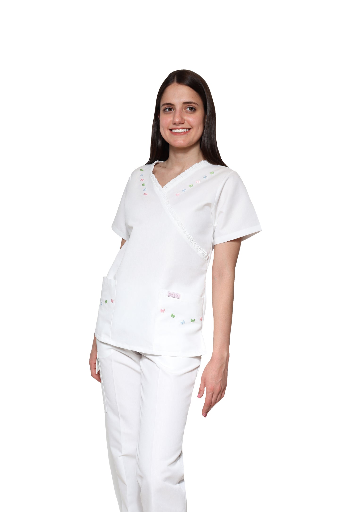 Conjunto SET Filipina y Pantalón KA-56 MARIPOSITAS -Color BLANCO/COLORES- Dama- KAREN MEDICAL FASHION