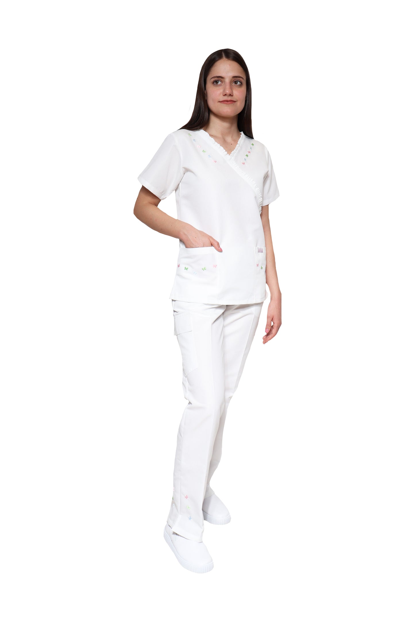 Conjunto SET Filipina y Pantalón KA-56 MARIPOSITAS -Color BLANCO/COLORES- Dama- KAREN MEDICAL FASHION