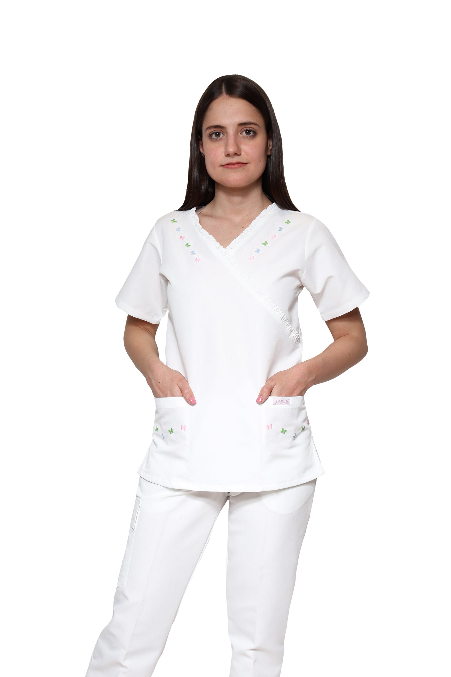Conjunto SET Filipina y Pantalón KA-56 MARIPOSITAS -Color BLANCO/COLORES- Dama- KAREN MEDICAL FASHION