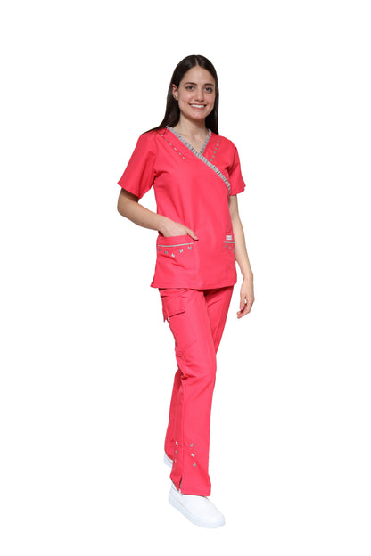 Conjunto SET Filipina y Pantalón KA-56 MARIPOSITAS -Color FIUSHA/GRIS- Dama- KAREN MEDICAL FASHION