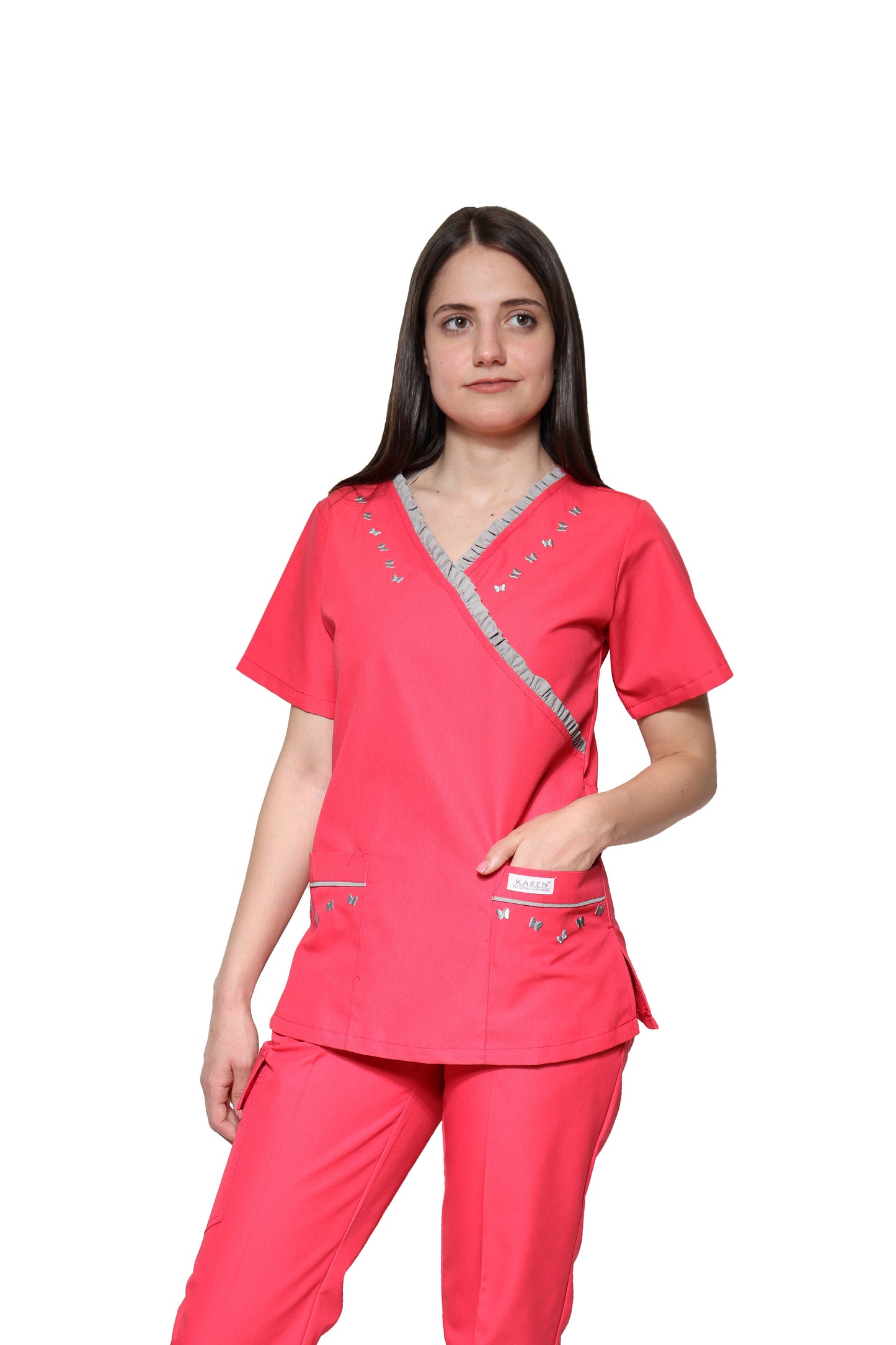 Conjunto SET Filipina y Pantalón KA-56 MARIPOSITAS -Color FIUSHA/GRIS- Dama- KAREN MEDICAL FASHION