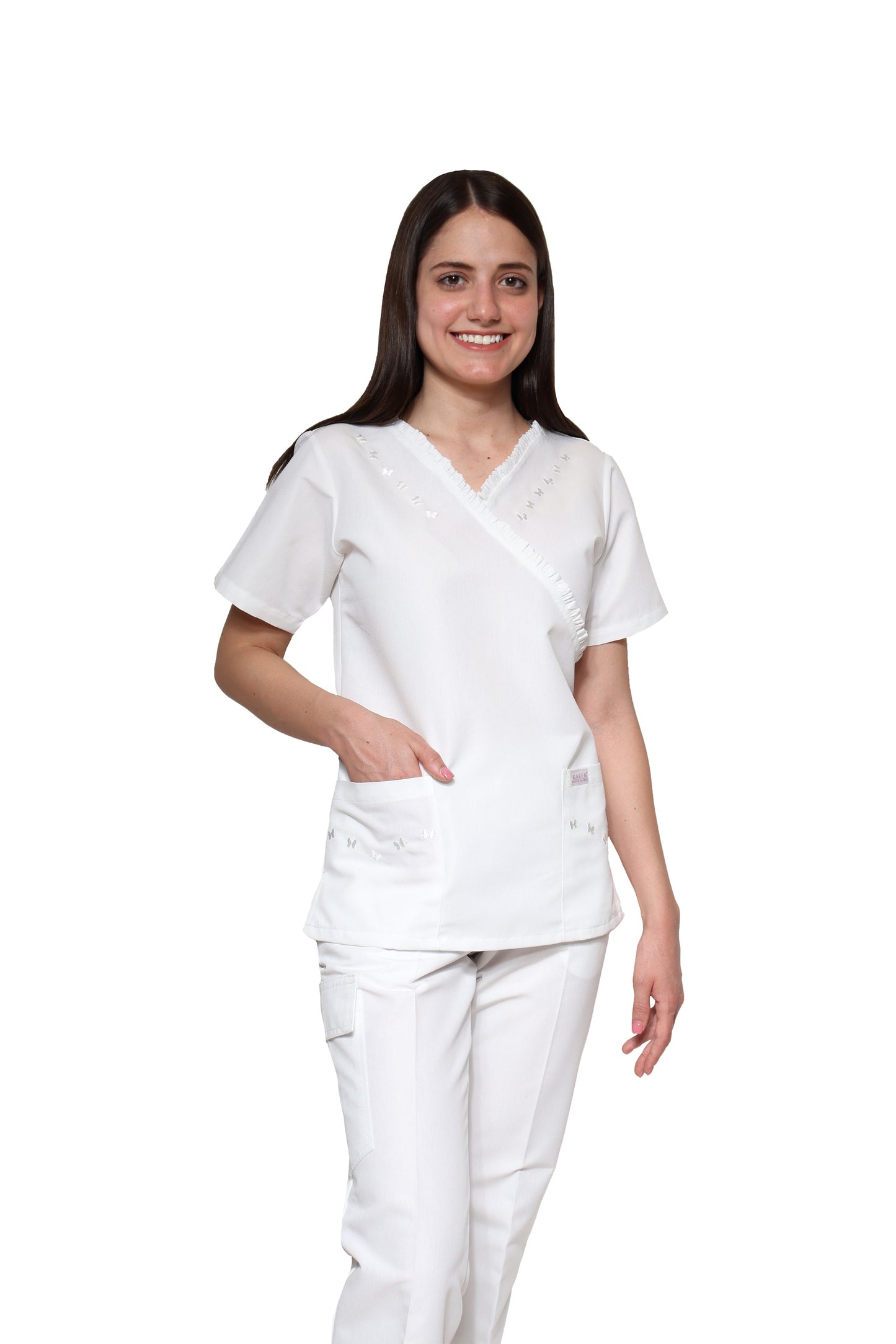 Conjunto SET Filipina y Pantalón KA-56 MARIPOSITAS -Color BLANCO- Dama- KAREN MEDICAL FASHION