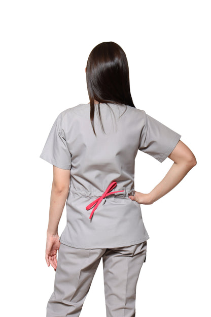 Conjunto SET Filipina y Pantalón KA-56 MARIPOSITAS -Color GRIS/FIUSHA- Dama- KAREN MEDICAL FASHION
