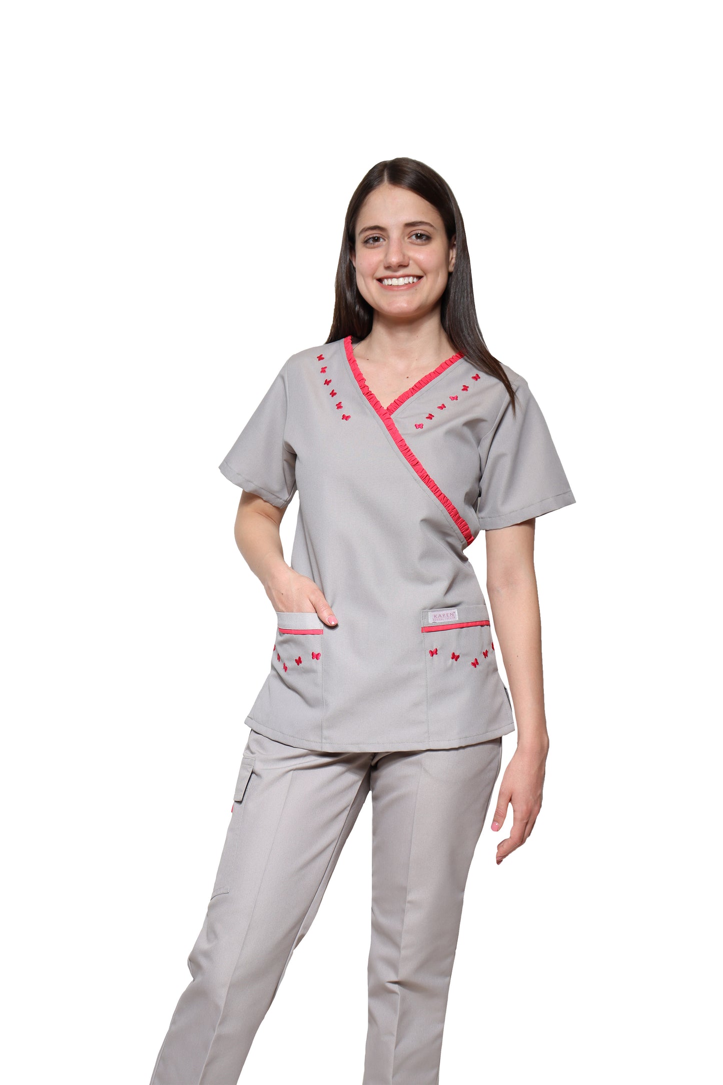 Conjunto SET Filipina y Pantalón KA-56 MARIPOSITAS -Color GRIS/FIUSHA- Dama- KAREN MEDICAL FASHION