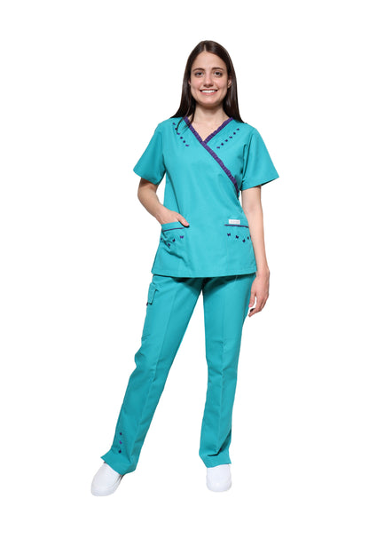 Conjunto SET Filipina y Pantalón KA-56 MARIPOSITAS -Color JADE/UVA- Dama- KAREN MEDICAL FASHION