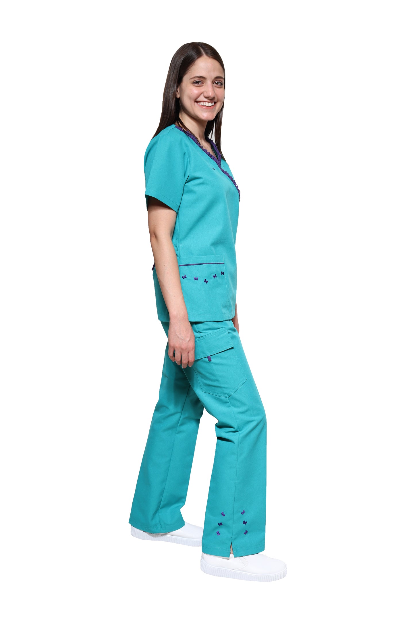 Conjunto SET Filipina y Pantalón KA-56 MARIPOSITAS -Color JADE/UVA- Dama- KAREN MEDICAL FASHION