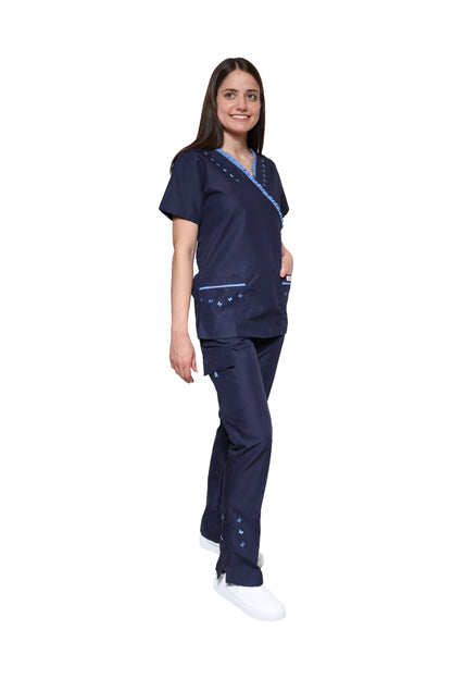 Conjunto SET Filipina y Pantalón KA-56 MARIPOSITAS -Color MARINO/PLUMBAGO- Dama- KAREN MEDICAL FASHION