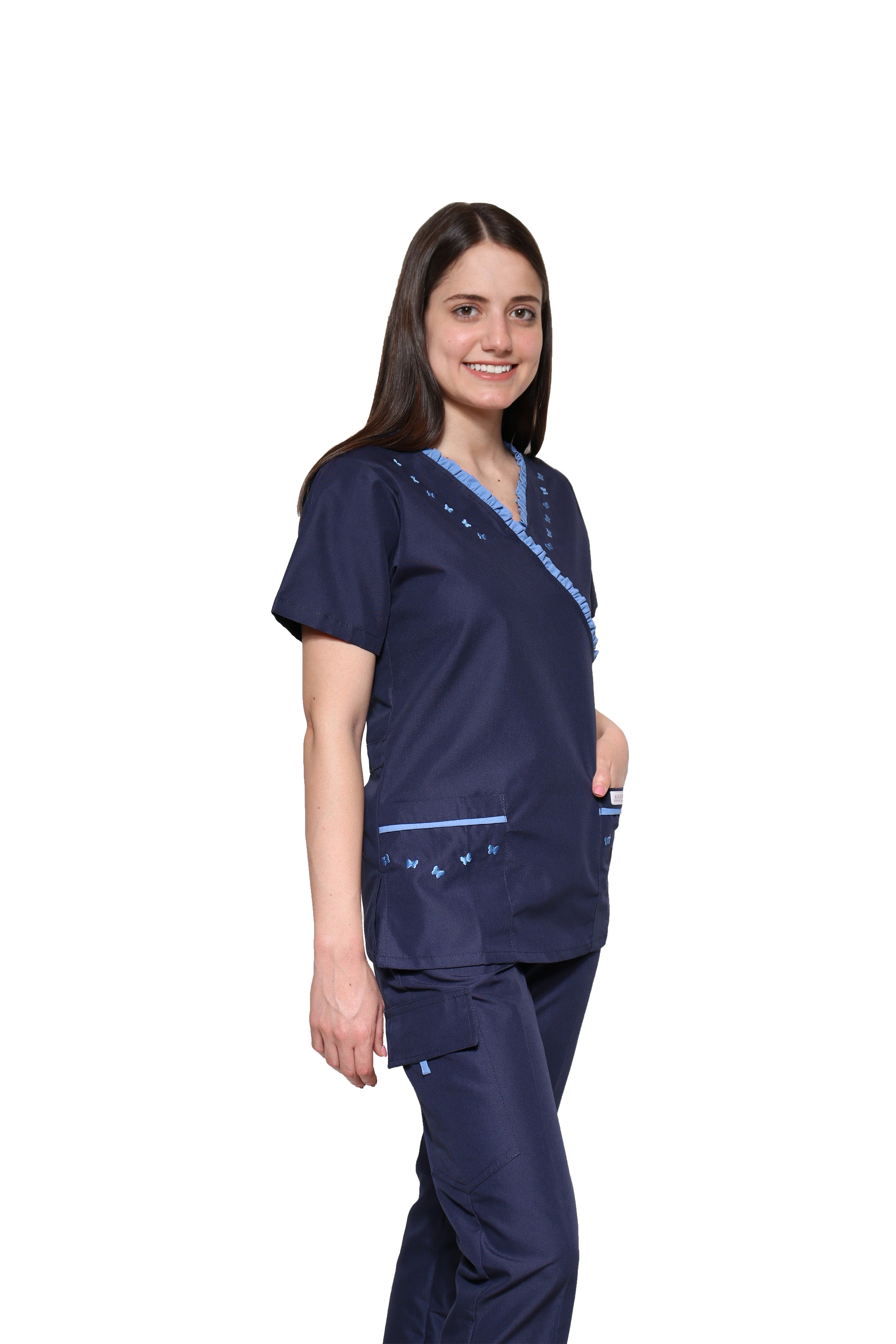 Conjunto SET Filipina y Pantalón KA-56 MARIPOSITAS -Color MARINO/PLUMBAGO- Dama- KAREN MEDICAL FASHION