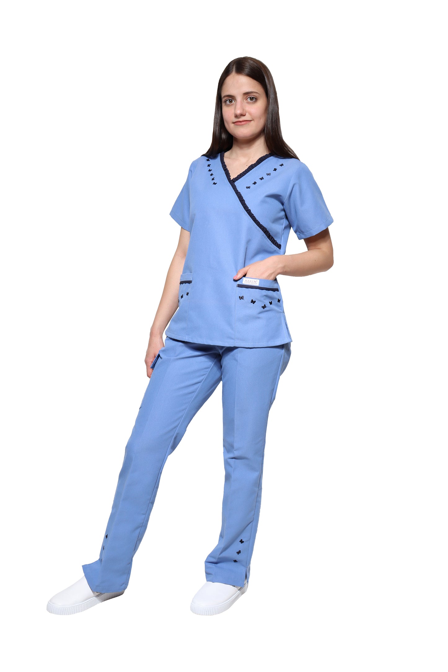 Conjunto SET Filipina y Pantalón KA-56 MARIPOSITAS -Color PLUMBAGO/MARINO- Dama- KAREN MEDICAL FASHION
