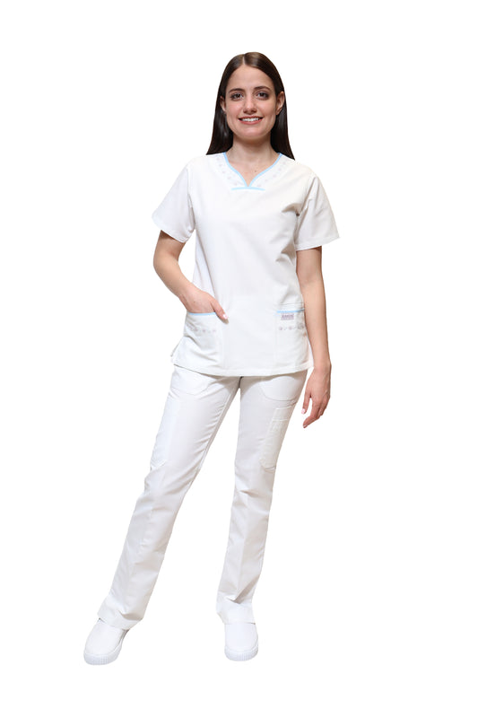 Conjunto SET Filipina y Pantalón KA-57 BIES -Color BLANCO/CIELO Dama-KAREN MEDICAL FASHION