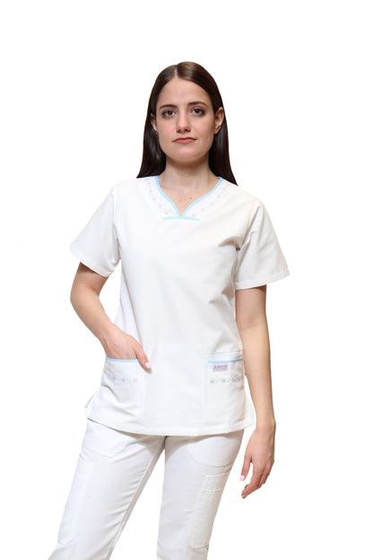 Filipina Top KA-57 BIES -Color BLANCO/CIELO Dama-KAREN MEDICAL FASHION
