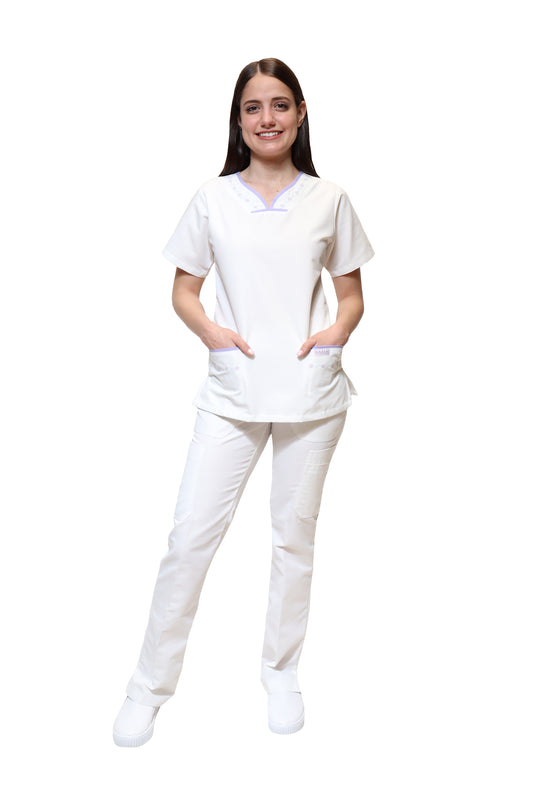 Conjunto SET Filipina y Pantalón KA-57 BIES -Color BLANCO/LILA Dama-KAREN MEDICAL FASHION