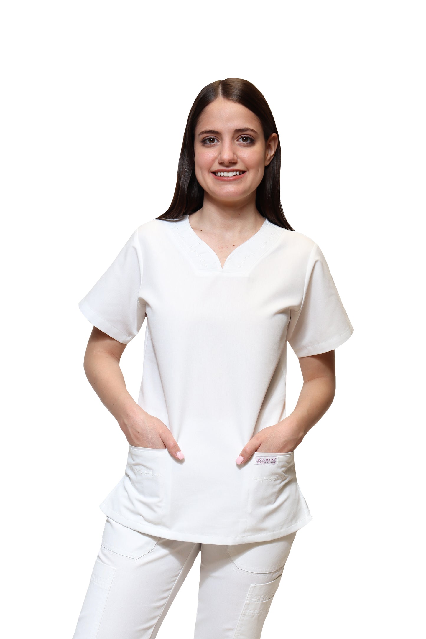 Conjunto SET Filipina y Pantalón KA-57 BIES -Color BLANCO Dama-KAREN MEDICAL FASHION