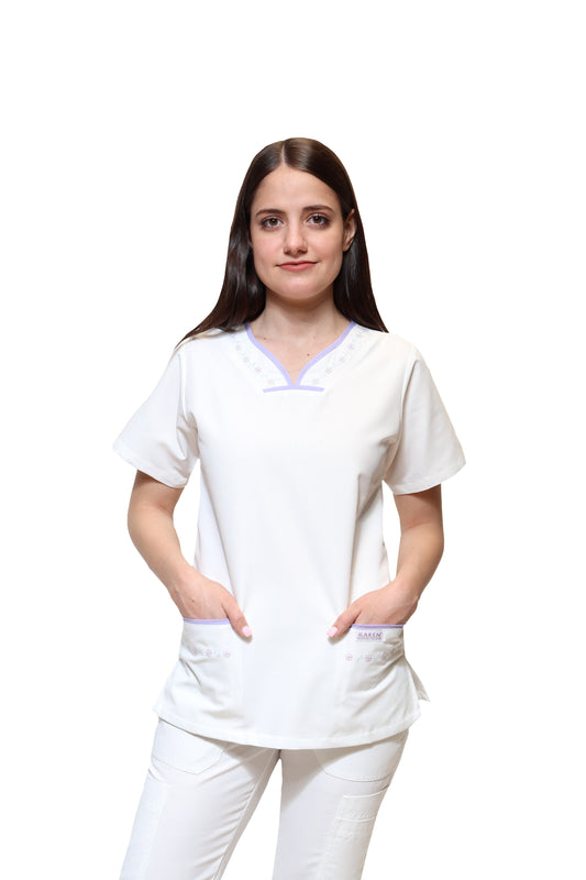 Conjunto SET Filipina y Pantalón KA-57 BIES -Color BLANCO/LILA Dama-KAREN MEDICAL FASHION