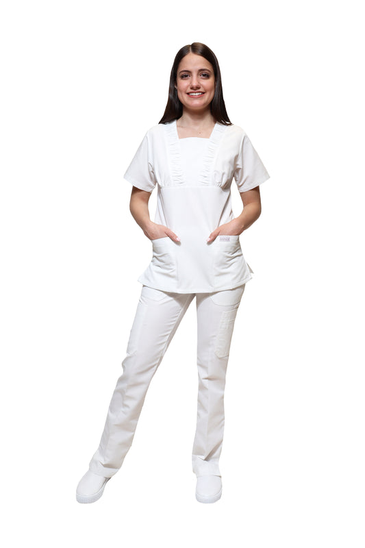 Conjunto SET Filipina y Pantalón KA-58 Acordeón II -Color BLANCO Dama-KAREN MEDICAL FASHION