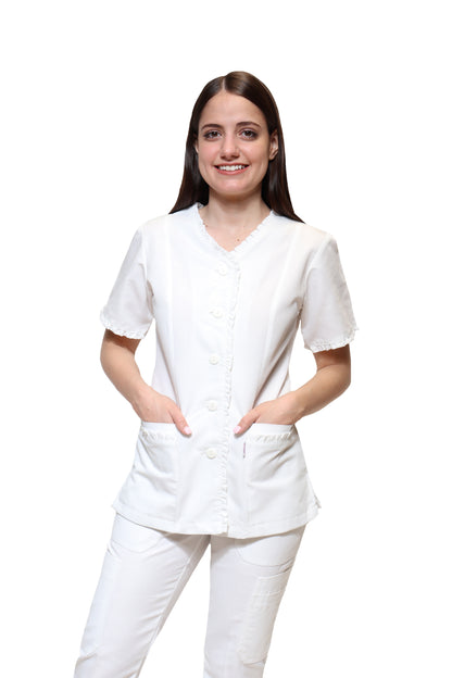 Conjunto SET Filipina y Pantalón KA-63 RUFLE -Color BLANCO Dama-KAREN MEDICAL FASHION