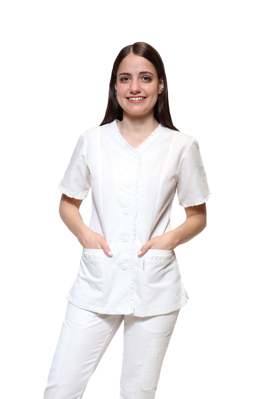 Conjunto SET Filipina y Pantalón KA-63 RUFLE -Color BLANCO Dama-KAREN MEDICAL FASHION