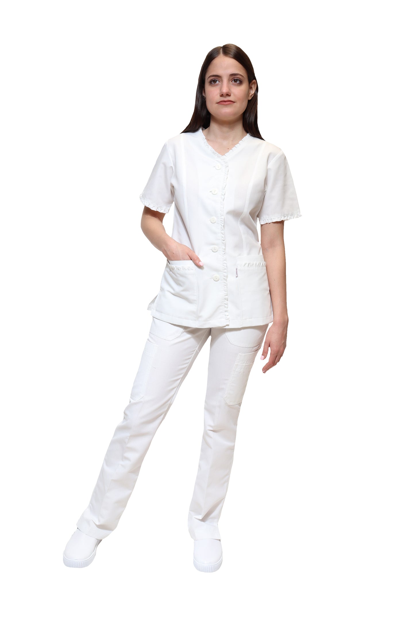 Conjunto SET Filipina y Pantalón KA-63 RUFLE -Color BLANCO Dama-KAREN MEDICAL FASHION