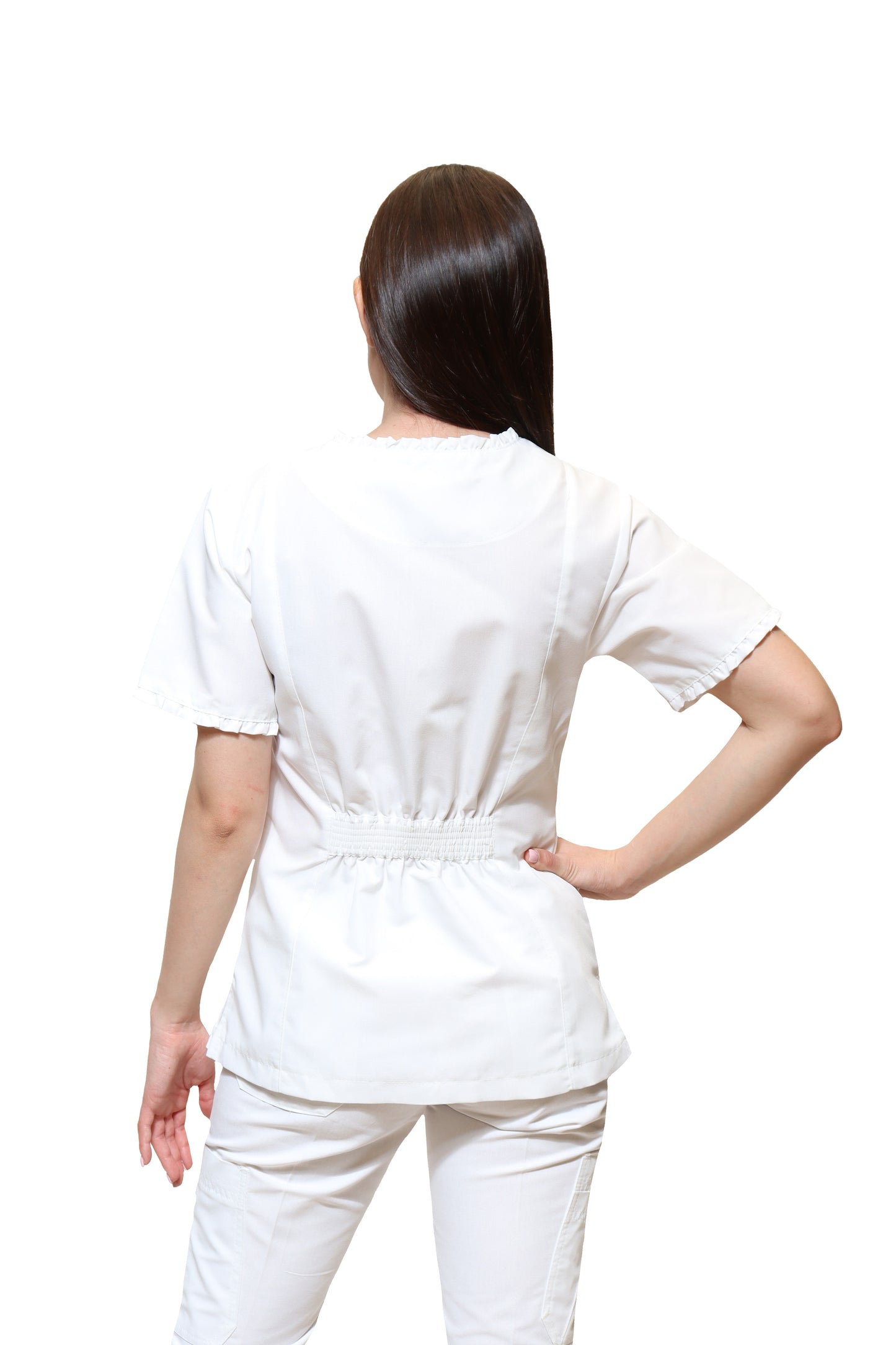 Conjunto SET Filipina y Pantalón KA-63 RUFLE -Color BLANCO Dama-KAREN MEDICAL FASHION