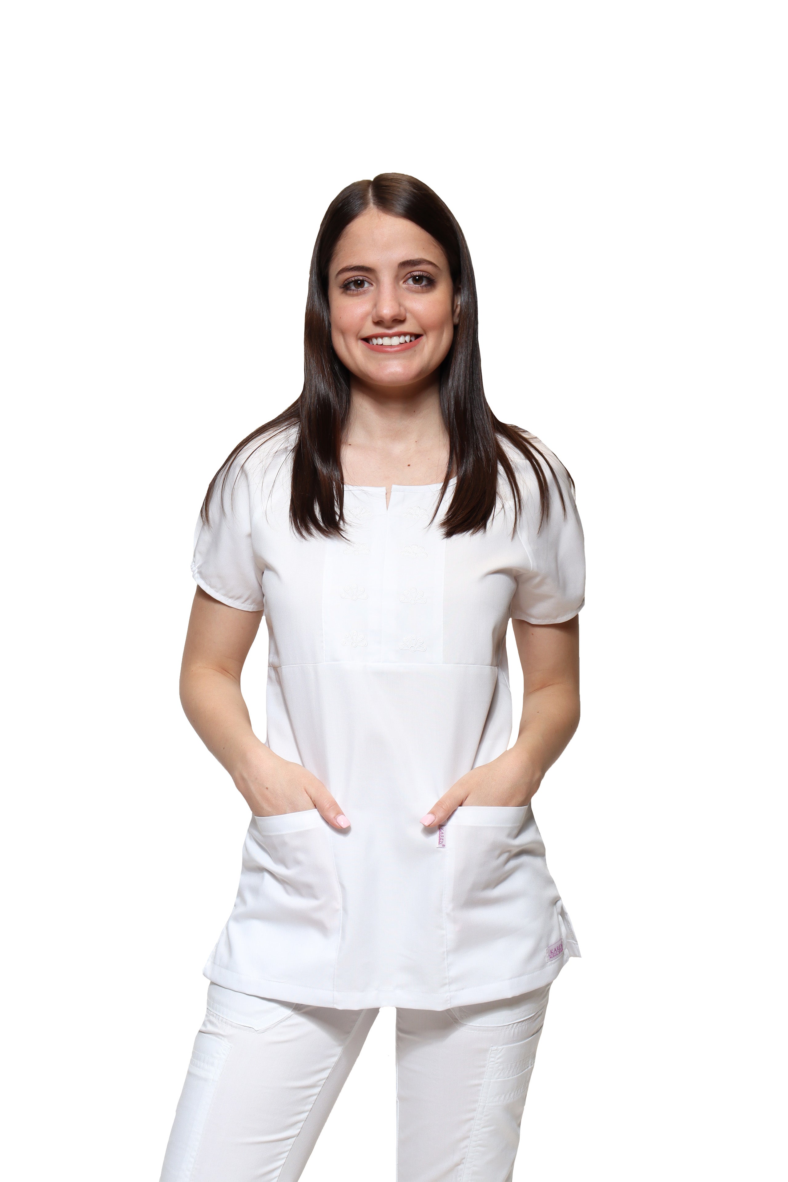 Conjunto SET Filipina y Pantalón KA-68 Caracoles -Color BLANCO Dama-KAREN MEDICAL FASHION