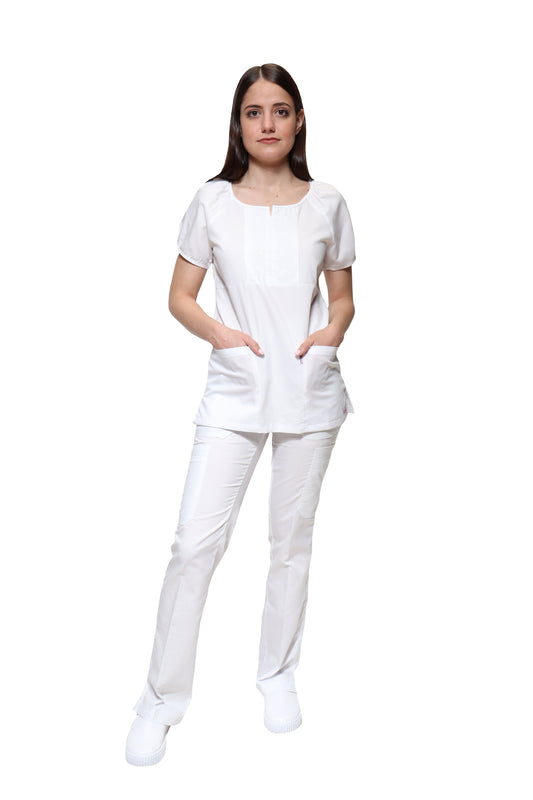 Conjunto SET Filipina y Pantalón KA-68 Caracoles -Color BLANCO Dama-KAREN MEDICAL FASHION