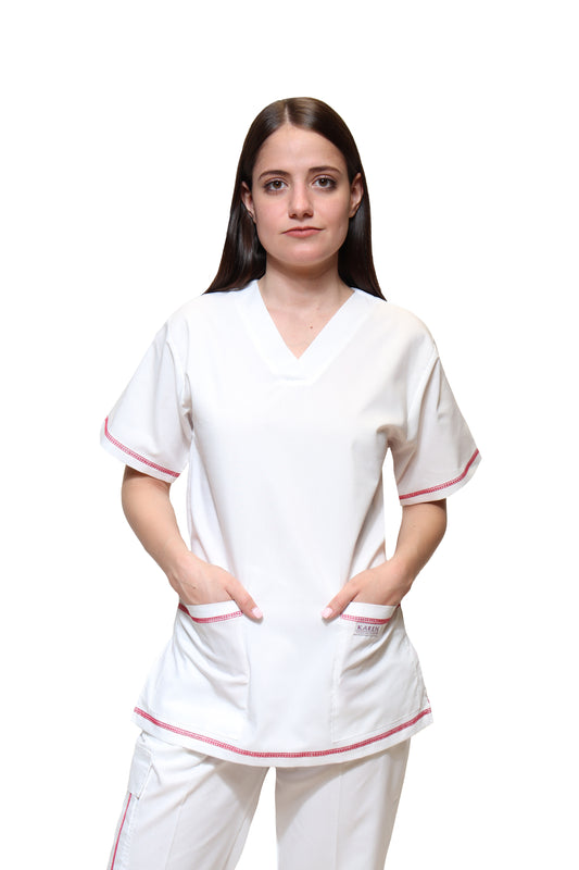 Conjunto SET Filipina y Pantalón KA-77 Collarette -Color BLANCO/FIUSHA Dama-KAREN MEDICAL FASHION