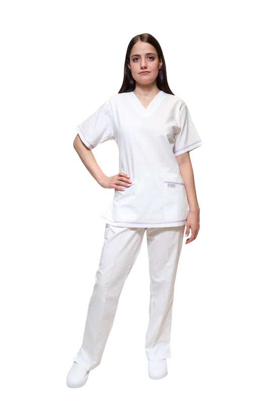 Conjunto SET Filipina y Pantalón KA-77 Collarette -Color BLANCO/LILA Dama-KAREN MEDICAL FASHION