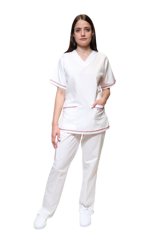 Conjunto SET Filipina y Pantalón KA-77 Collarette -Color BLANCO/FIUSHA Dama-KAREN MEDICAL FASHION