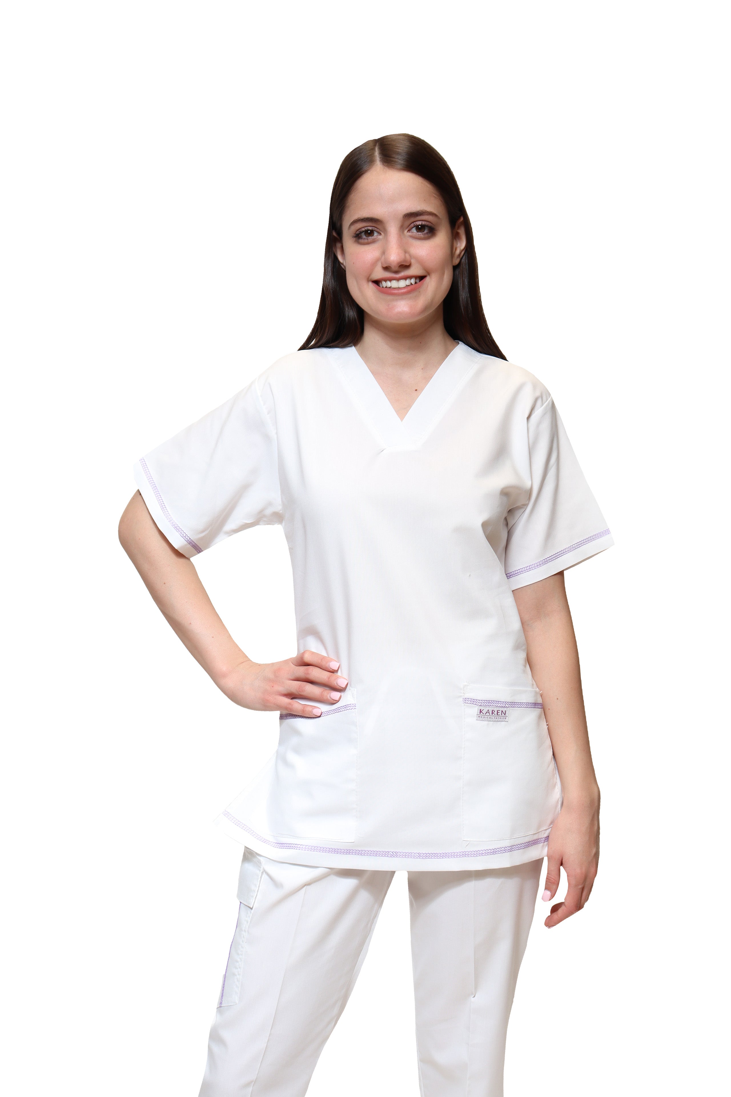 Conjunto SET Filipina y Pantalón KA-77 Collarette -Color BLANCO/LILA Dama-KAREN MEDICAL FASHION