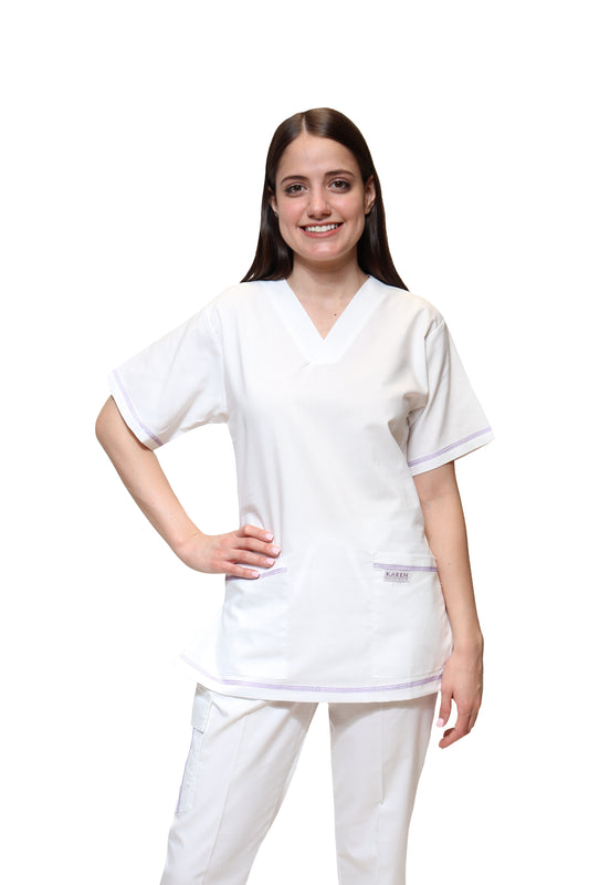 Conjunto SET Filipina y Pantalón KA-77 Collarette -Color BLANCO/LILA Dama-KAREN MEDICAL FASHION