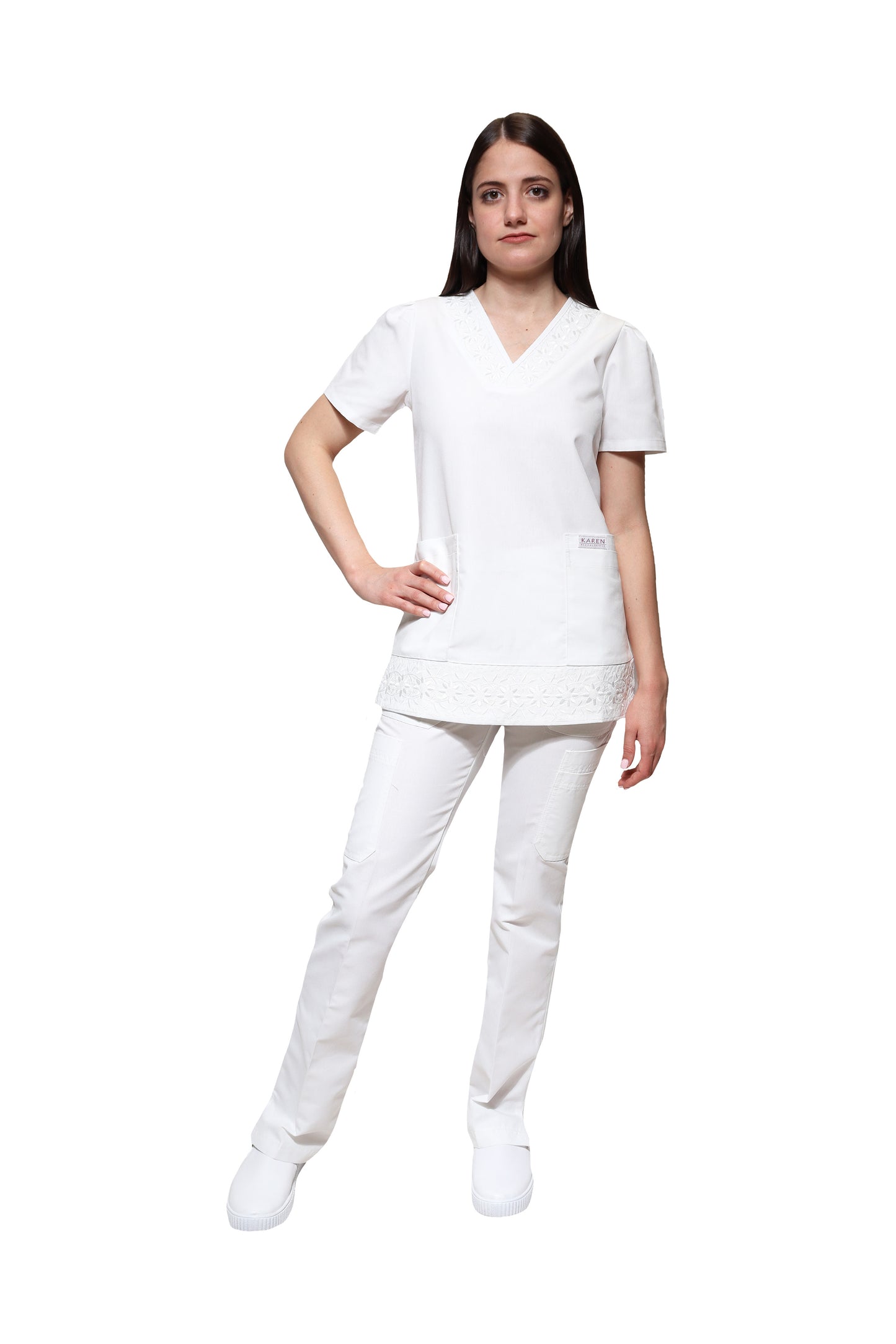 Conjunto SET Filipina y Pantalón KA-78 Girasoles -Color BLANCO Dama-KAREN MEDICAL FASHION