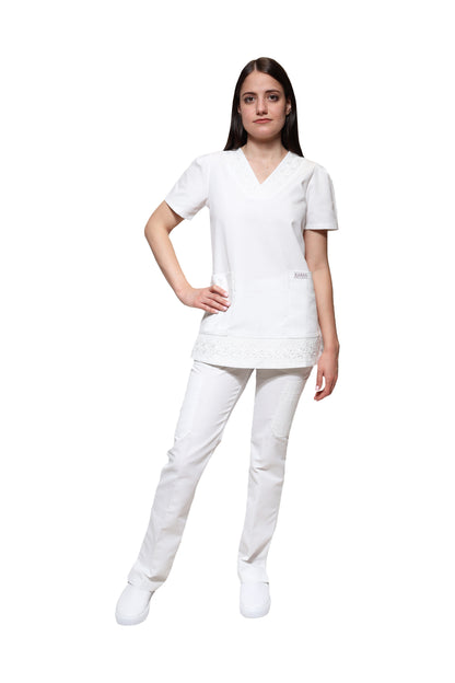 Conjunto SET Filipina y Pantalón KA-78 Girasoles -Color BLANCO Dama-KAREN MEDICAL FASHION