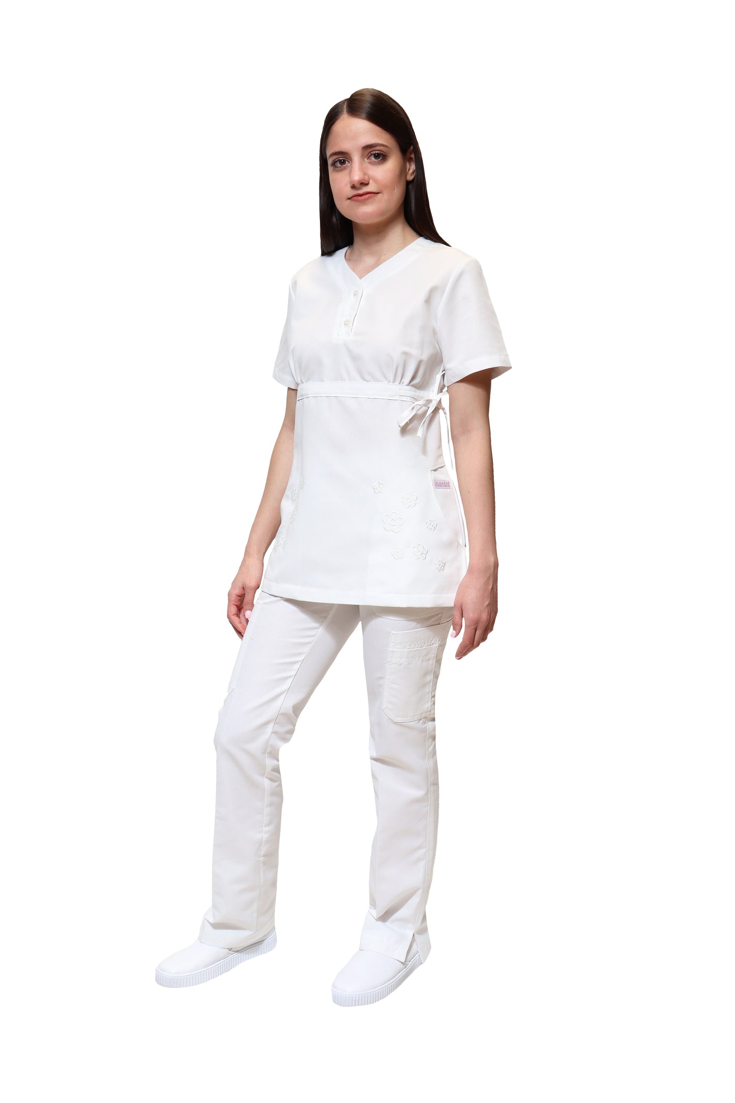 Conjunto SET Filipina y Pantalón KA-79 FLORECITAS -Color BLANCO Dama-KAREN MEDICAL FASHION