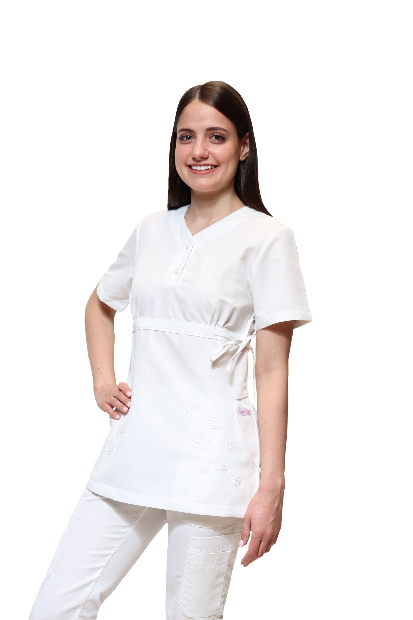 Conjunto SET Filipina y Pantalón KA-79 FLORECITAS -Color BLANCO Dama-KAREN MEDICAL FASHION