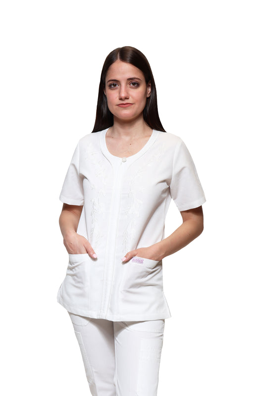 Conjunto SET Filipina y Pantalón KA-80 RAMILLETE -Color BLANCO Dama-KAREN MEDICAL FASHION